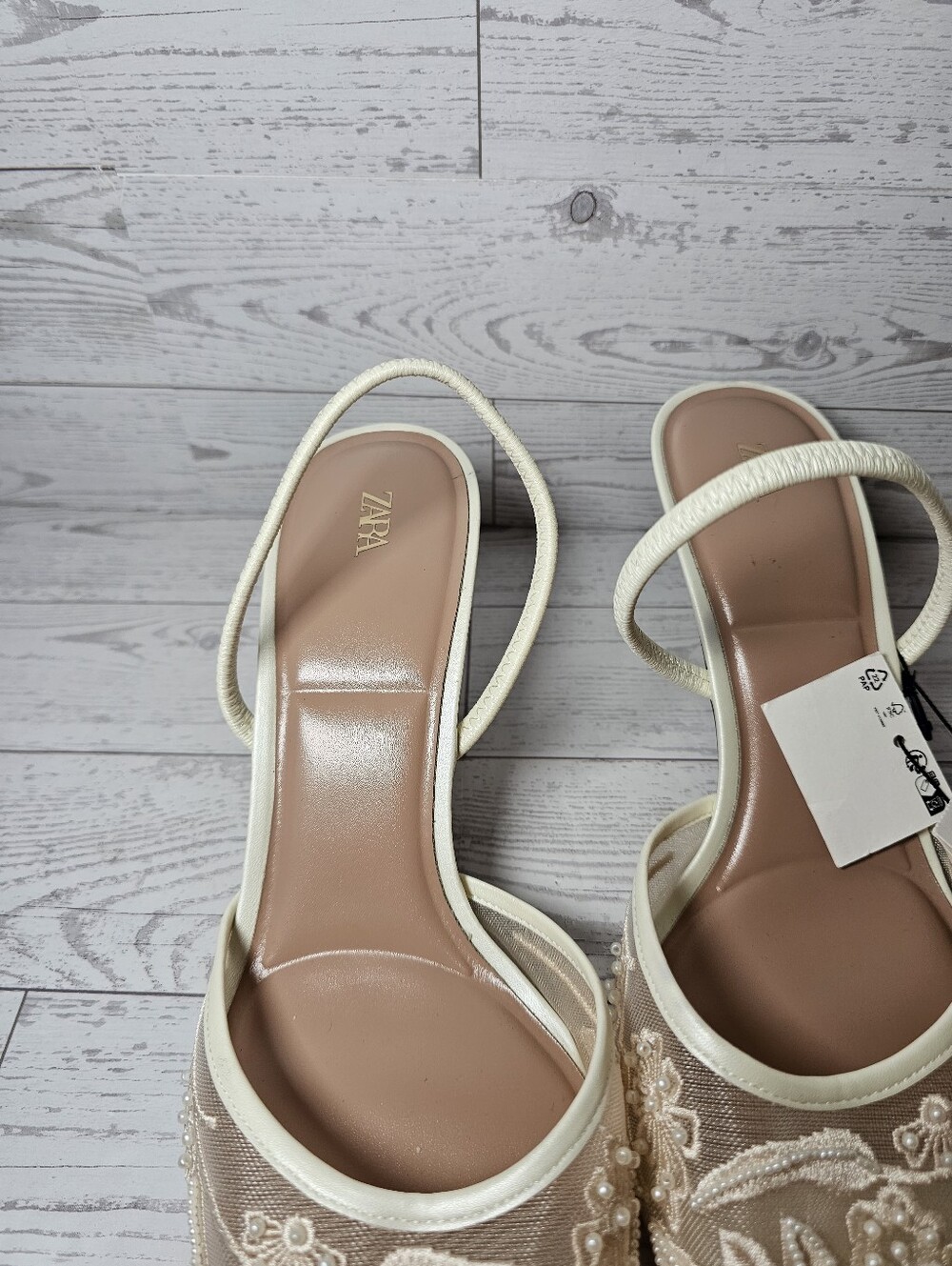 Zara Pearl Beaded Floral Mesh Slingback Pumps Cream White Heels Sz 41 NWT - Picture 3 of 9